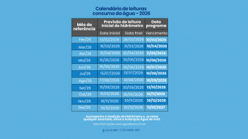 CALENDÁRIO DE LEITURAS CONSUMO DA ÁGUA 2026