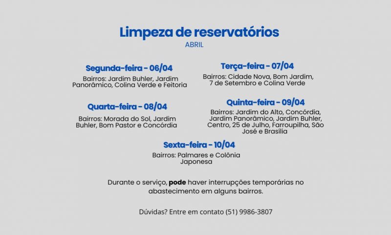 Água de Ivoti realiza limpeza semestral dos reservatórios entre 06 e 10 de abril